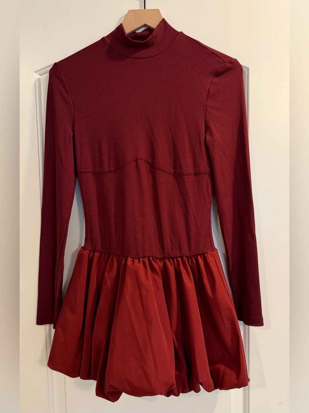 Mock Neck Long Sleeve Mini Dress in Deep Burgundy